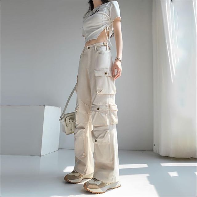 Mid Waist Plain Wide Leg Cargo Pants