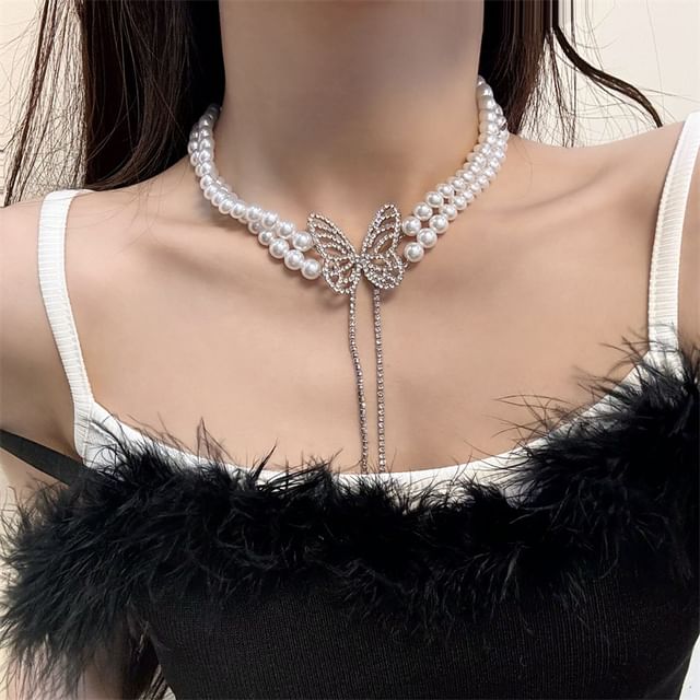 Butterfly Rhinestone Faux Pearl Alloy Choker