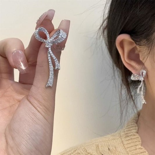 Rhinestone Earring Alloy Bow Dangle