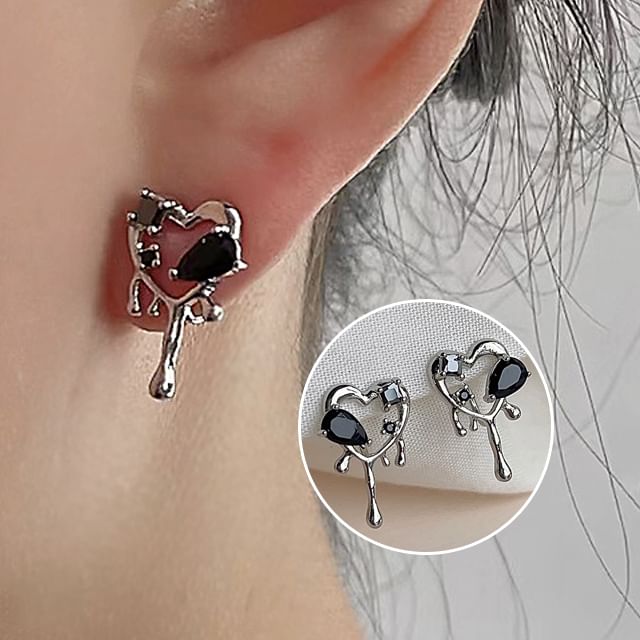 Earring Heart Stud Melting Rhinestone Alloy