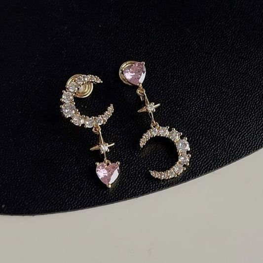 Alloy Star Earring Moon Dangle Asymmetrical Rhinestone