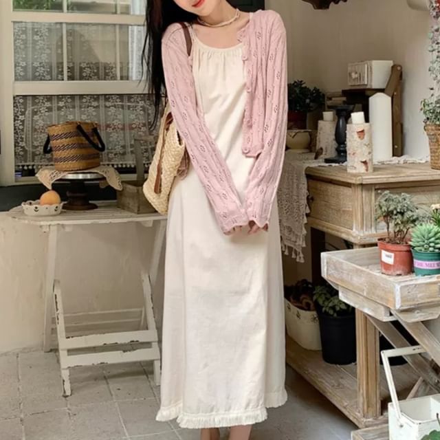 Thin Strap Scoop Neck Midi A-Line Dress / Cardigan