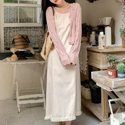 Thin Strap Scoop Neck Midi A-Line Dress / Cardigan