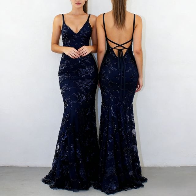 Thin Strap Floral Print Mermaid Evening Gown