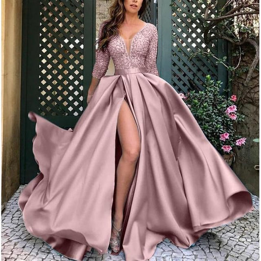 A-Line Lace Elbow-Sleeve Panel Evening Slit Gown