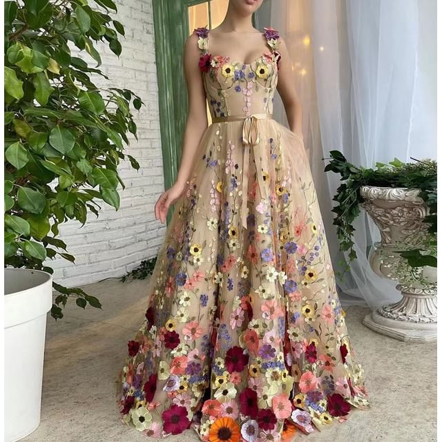 Floral A-Line Gown Wide Evening Strap