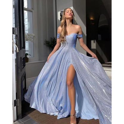 Off-Shoulder Glitter Evening Slit A-Line Gown
