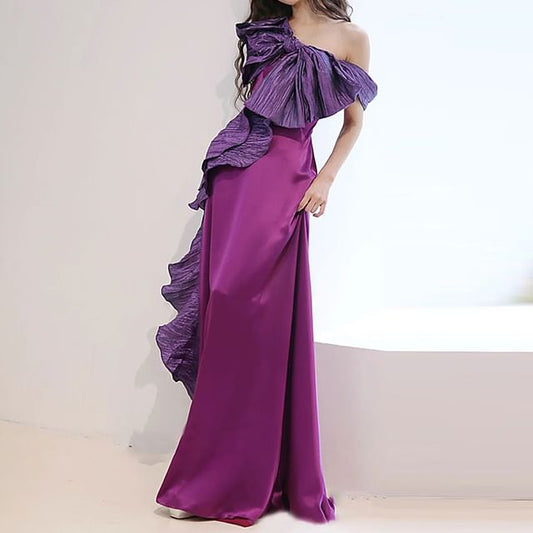 Spaghetti Strap One-Shoulder Two Tone Bow Accent Ruffle Trim A-Line Satin Evening Gown