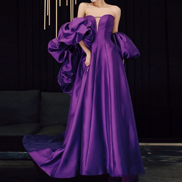 Set: Strapless Sweetheart Neckline Plain Trained Satin A-Line Ball Gown + Shawl