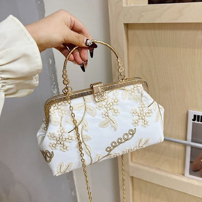 Flower Embroidered Chain Strap Crossbody Bag