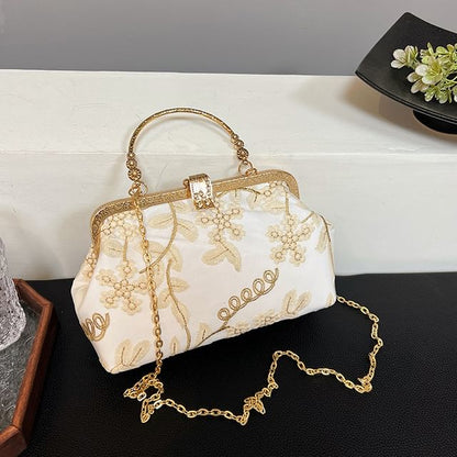 Flower Embroidered Chain Strap Crossbody Bag