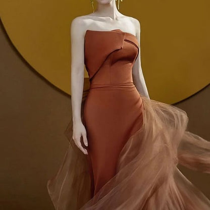 Mermaid Trained Evening Gown Strapless Bow Back Plain