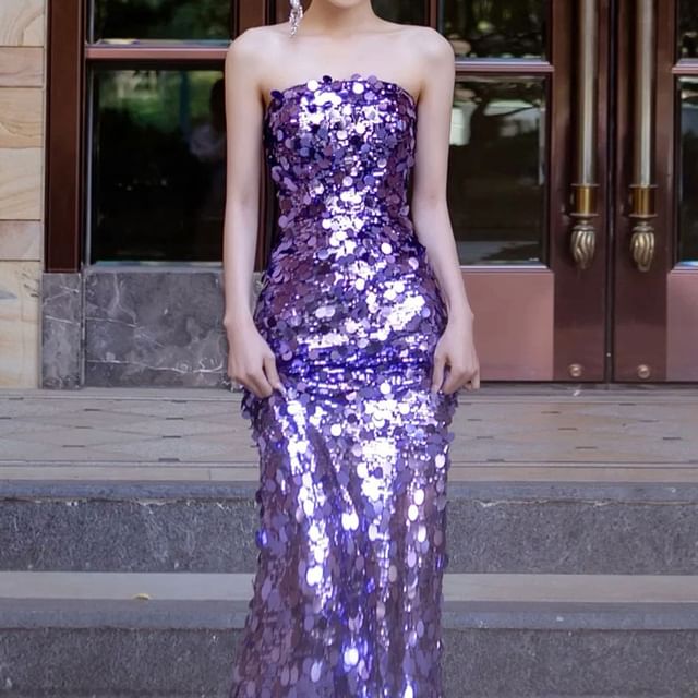 Plain Mermaid Sequin Evening Gown Strapless