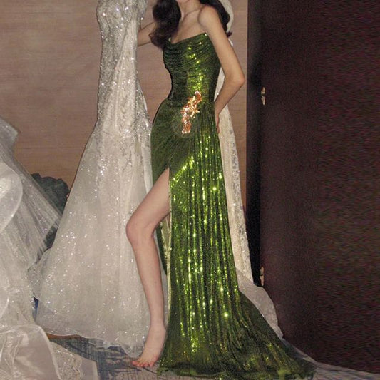 Ruched Trained Gown Evening Mermaid Sequin Strapless Slit