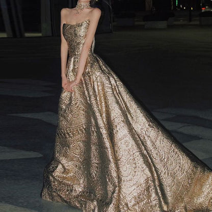 Patterned A-Line Gown Jacquard Strapless Evening