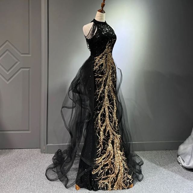 Panel Sequin Halter Shoulder Neck Gown Fringed Evening Mesh Mermaid Cold