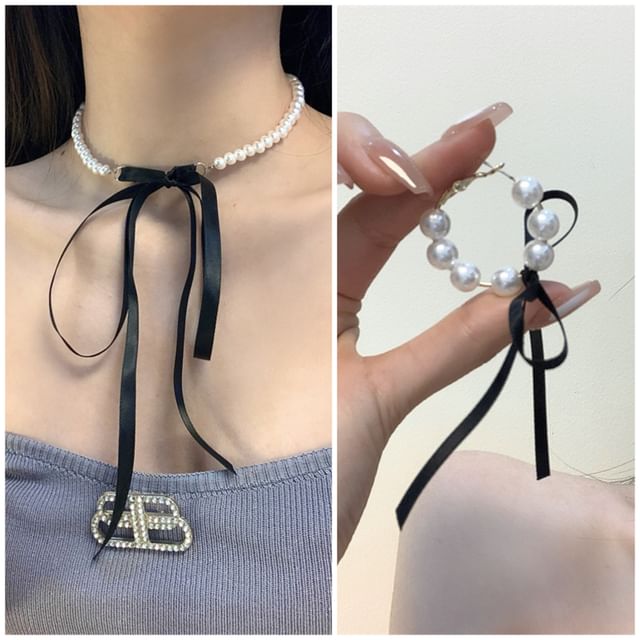 Faux Pearl Bow Choker / Hoop Earring