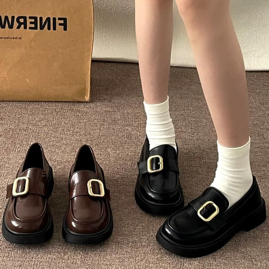 Platform Plain Buckled Faux Leather Shoes