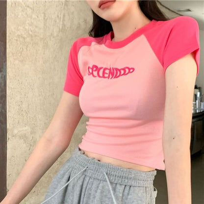 Short-Sleeve Crew Neck Letter Embroidered Cropped T-Shirt