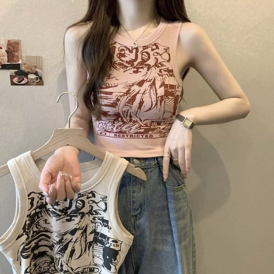 Round Neck Graphic Print Crop Tank Top