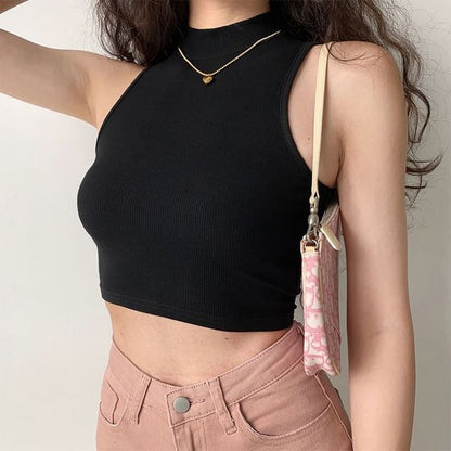 Mock Neck Plain Crop Tank Top