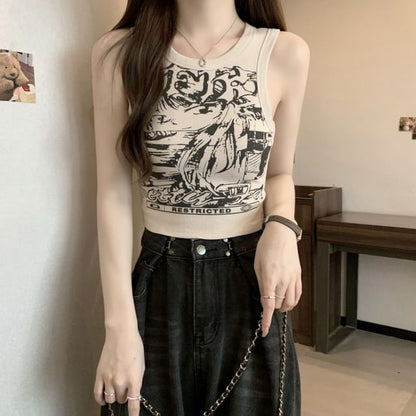 Round Neck Graphic Print Crop Tank Top