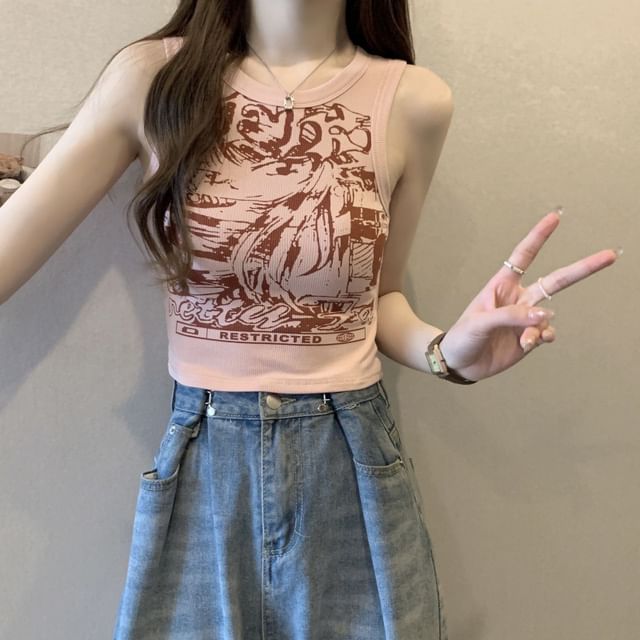 Round Neck Graphic Print Crop Tank Top