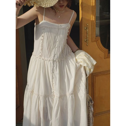 Thin Strap Lace-Trimmed Pintuck Button-Up Open Back Midi A-Line Dress