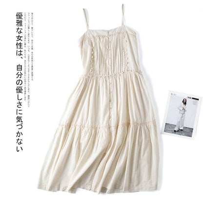 Thin Strap Lace-Trimmed Pintuck Button-Up Open Back Midi A-Line Dress