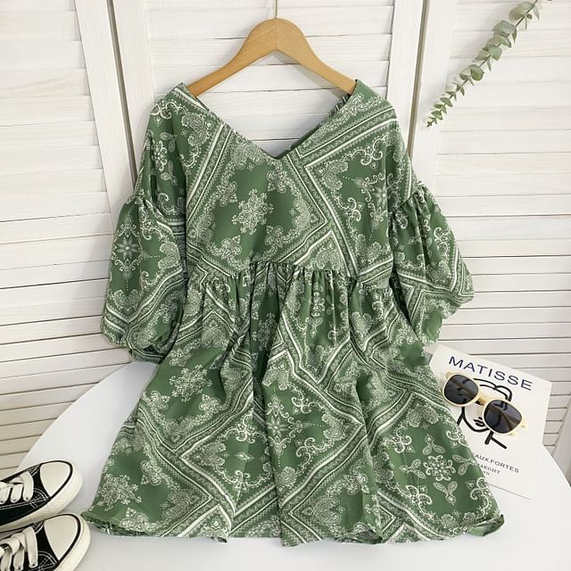 Elbow-Sleeve V-Neck Print Mini A-Line Dress