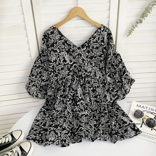 Elbow-Sleeve V-Neck Print Mini A-Line Dress