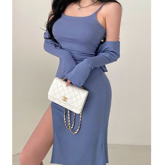 Set: Thin Strap Slit Midi Bodycon Dress + Button-Up Cardigan