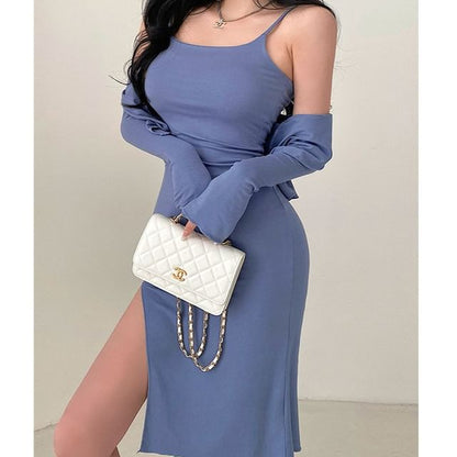 Set: Thin Strap Slit Midi Bodycon Dress + Button-Up Cardigan