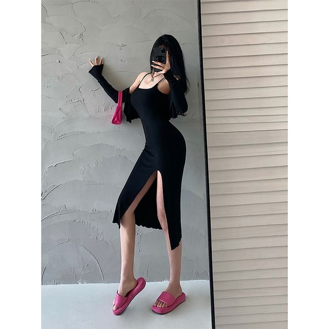 Set: Thin Strap Slit Midi Bodycon Dress + Button-Up Cardigan