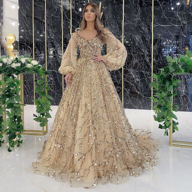 Puff-Sleeve Sequin A-Line Evening Gown