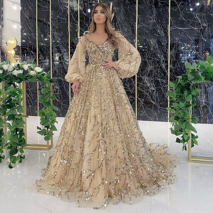 Puff-Sleeve Sequin A-Line Evening Gown