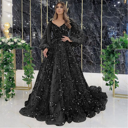 Puff-Sleeve Sequin A-Line Evening Gown
