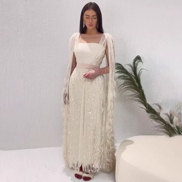 Sequin Sheath Evening Flared-Sleeve Gown