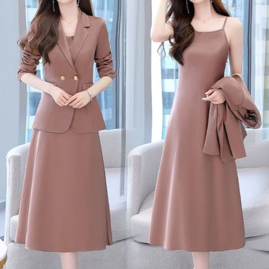 Set: Simple Double-Breasted Blazer + Thin Strap Plain A-Line Midi Dress