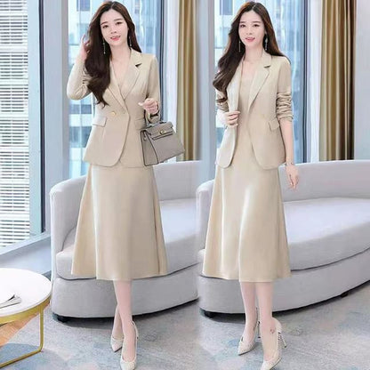 Set: Simple Double-Breasted Blazer + Thin Strap Plain A-Line Midi Dress