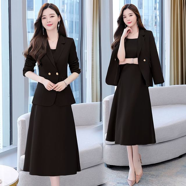 Set: Simple Double-Breasted Blazer + Thin Strap Plain A-Line Midi Dress