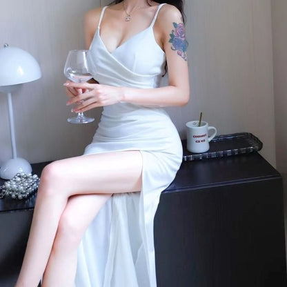 Mermaid Slit Plain Spaghetti Strap Gown V-Neck Evening