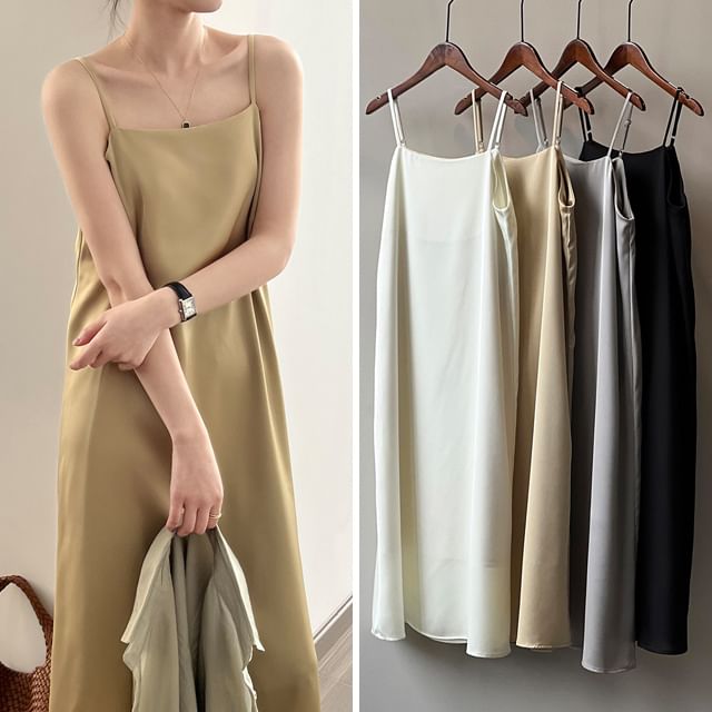 Thin Strap Square Neck Satin Midi Tunic Dress