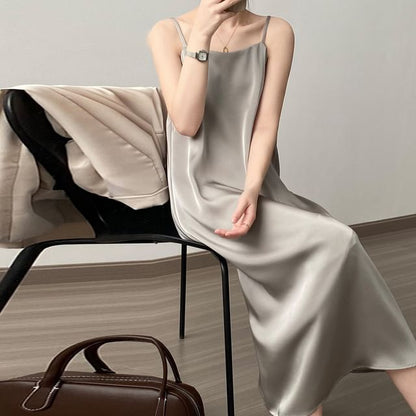 Thin Strap Square Neck Satin Midi Tunic Dress