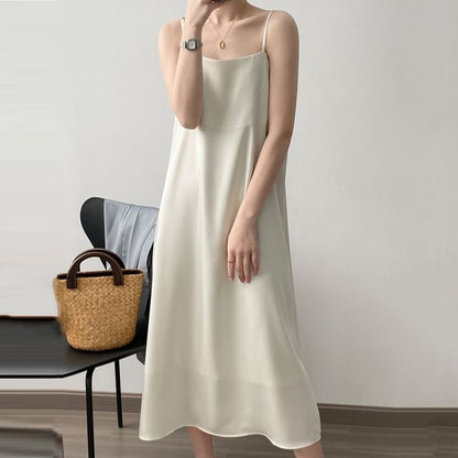Thin Strap Square Neck Satin Midi Tunic Dress