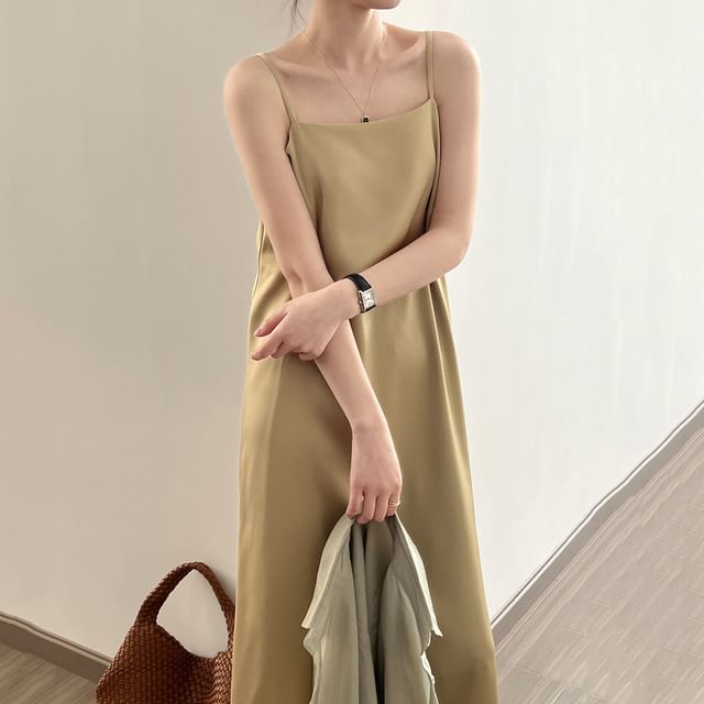 Thin Strap Square Neck Satin Midi Tunic Dress