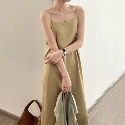Thin Strap Square Neck Satin Midi Tunic Dress