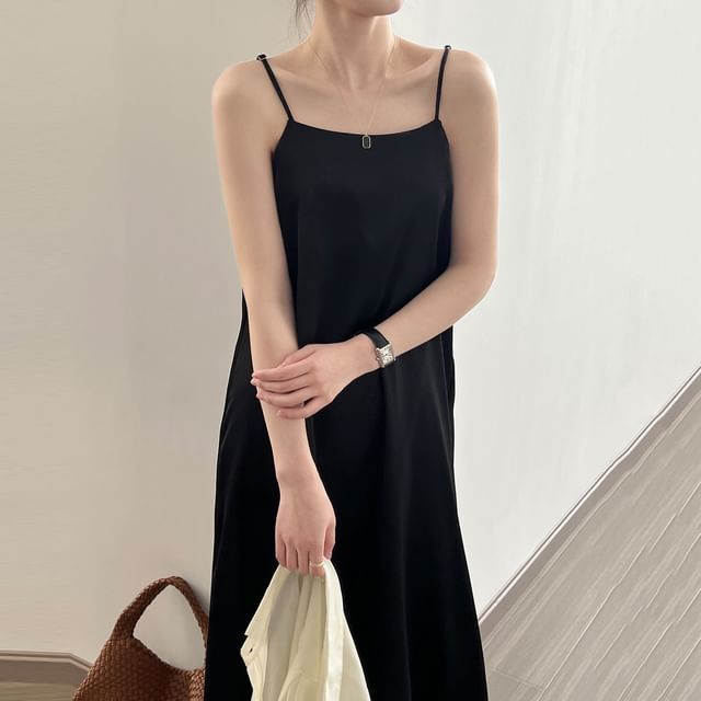 Thin Strap Square Neck Satin Midi Tunic Dress