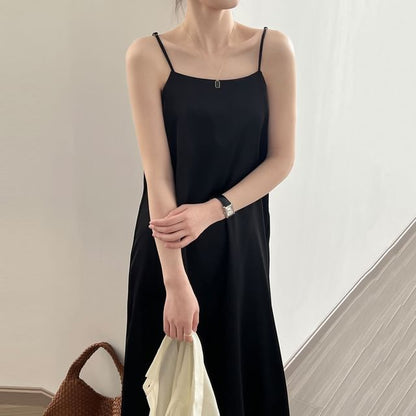 Thin Strap Square Neck Satin Midi Tunic Dress