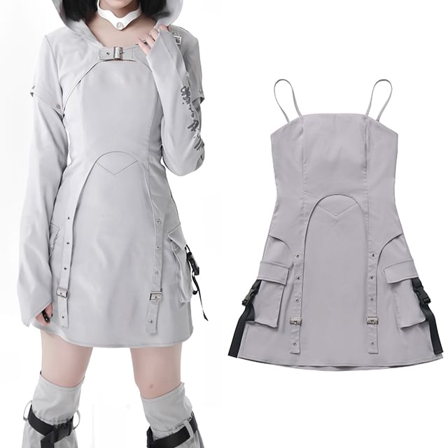 Thin Strap Panel Buckled Mini A-Line Cargo Dress